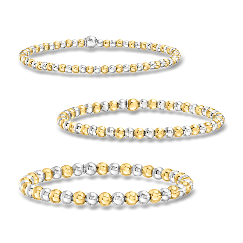 Three beaded stretch bracelets, silver and gold tone, round 3–5mm beads