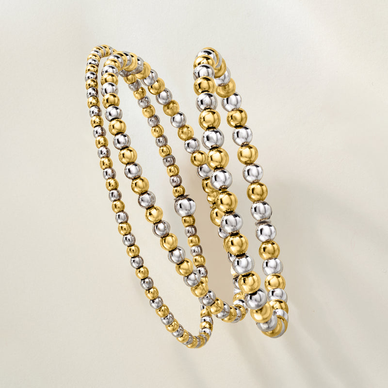 Set of three round-bead stretch bracelets in mixed silver and gold tones