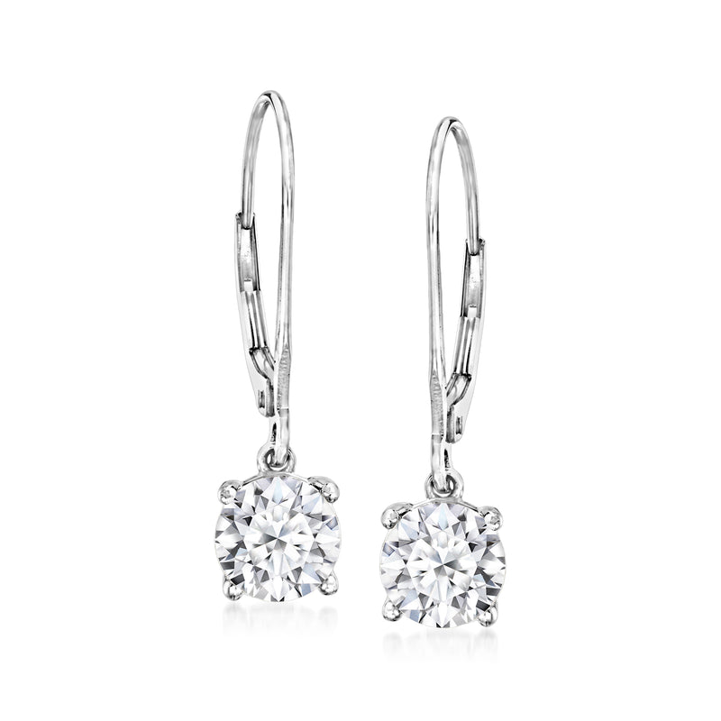 Platinum leverback diamond drop earrings with round lab-grown stones