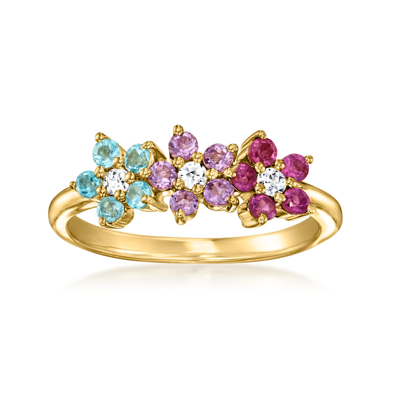 Gold floral multi-gemstone ring with light blue and purple stones and diamond accents
