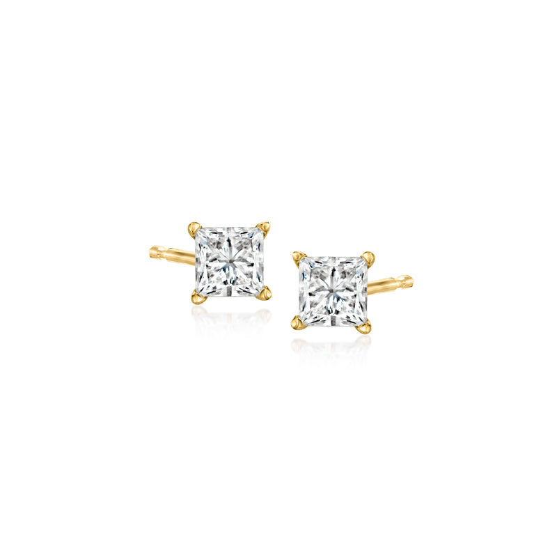 14kt yellow gold princess-cut diamond stud earrings, square stones, push-back