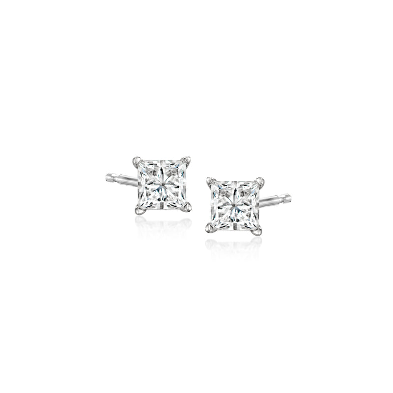 14kt white gold princess-cut diamond stud earrings, square stones with prong settings