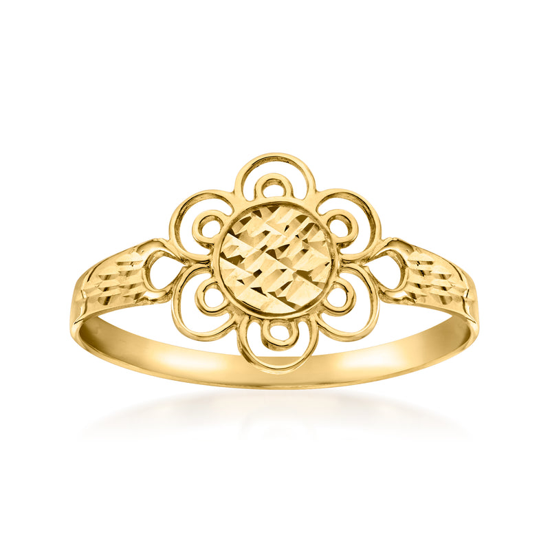 14kt yellow gold floral ring with round center stone and filigree petals