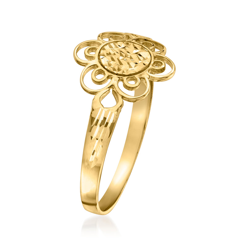 14kt yellow gold floral ring with slim band and round center stone