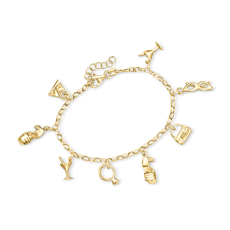 18kt gold over sterling charm bracelet with multiple small gold-tone fashion icons
