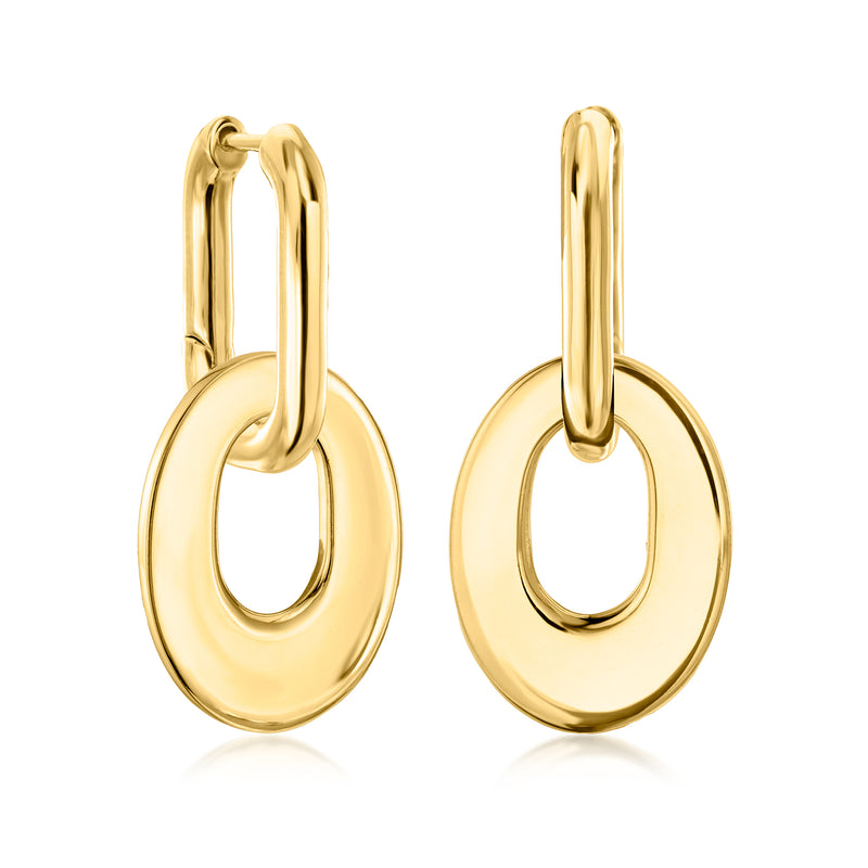 Gold hoop earrings with oval drops, polished oval front with hinged clasp.