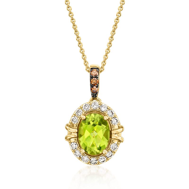 14kt honey gold pendant necklace with oval green peridot and diamond halo