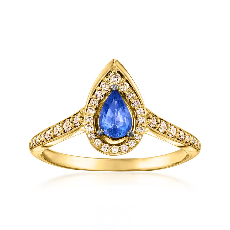 Le Vian 14kt honey gold ring with pear blue sapphire center and diamond halo