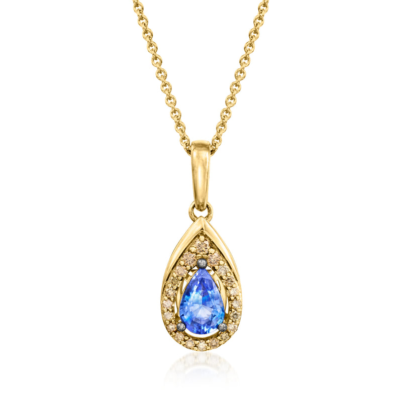 14kt honey gold pendant necklace with teardrop blue sapphire and diamond halo