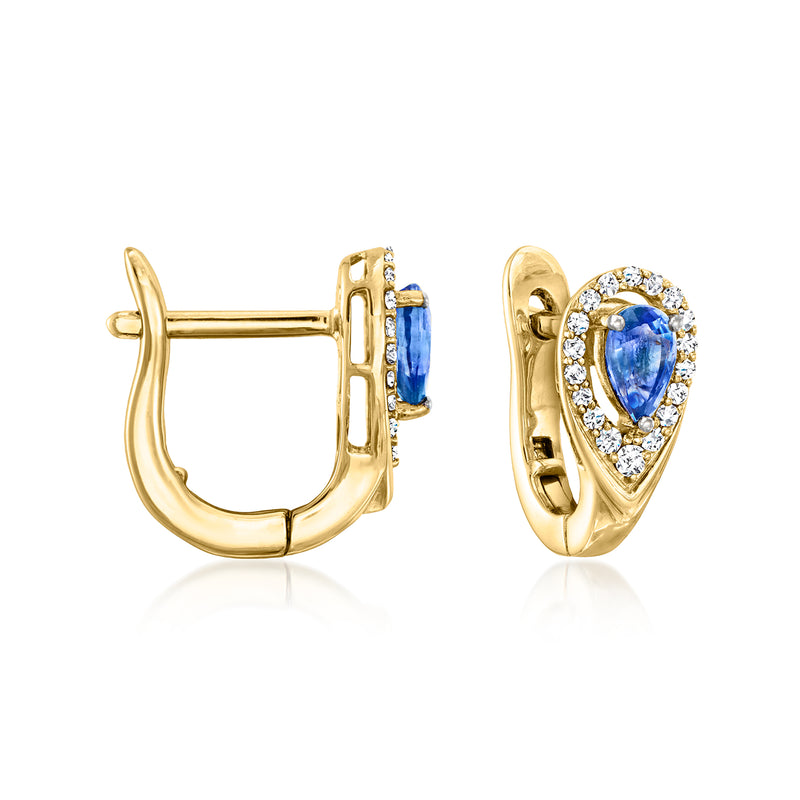 14kt honey gold hoop earrings with blue oval sapphire and white diamond halo