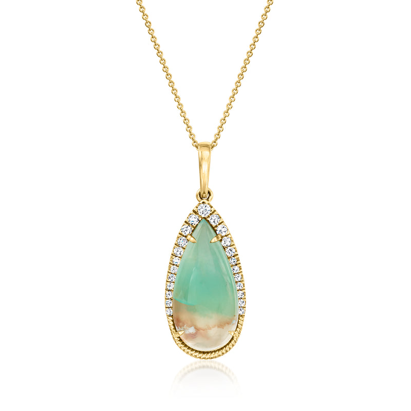 Gold pendant necklace with oval aqua chalcedony center and diamond halo teardrop