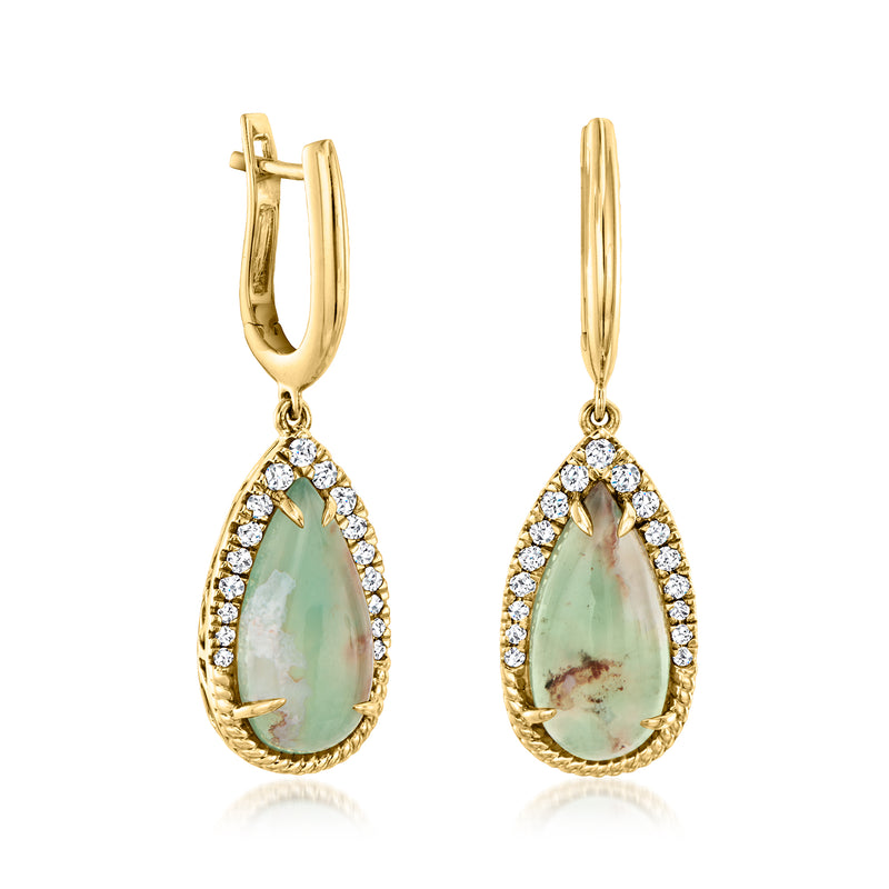 Honey gold hoop drop earrings with teardrop aqua chalcedony and diamond halo