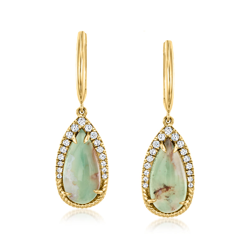 Honey gold hoop earrings featuring a teardrop chalcedony center with diamond accents