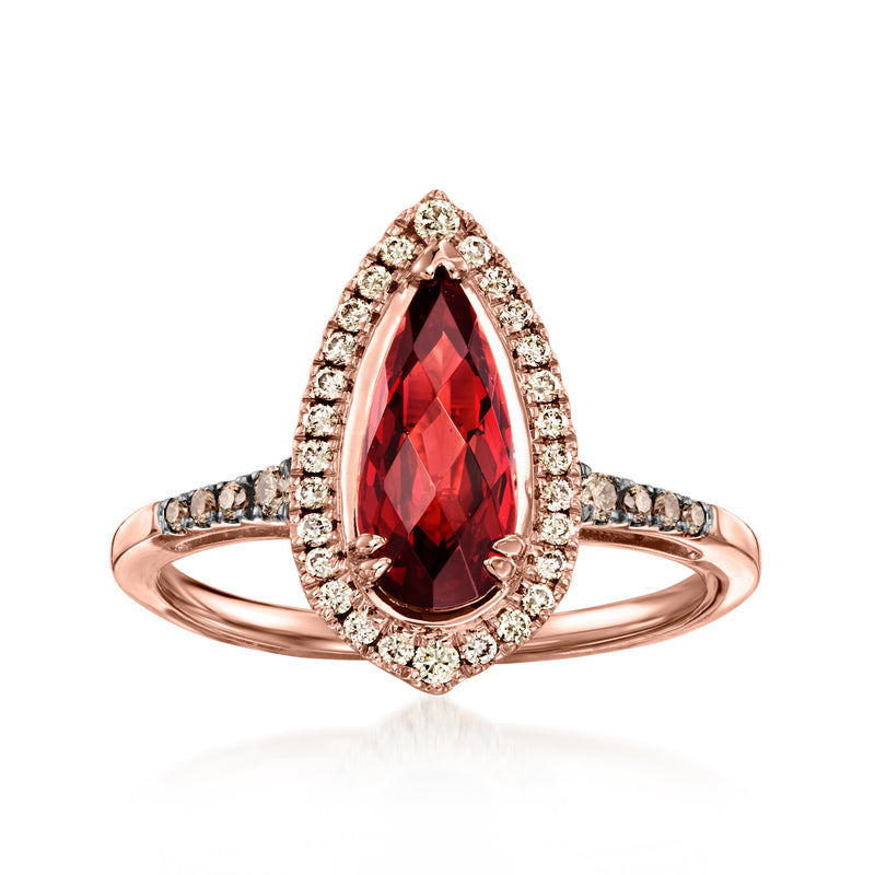 Le Vian rose gold ring with pear red garnet, diamond halo and pavé shoulders