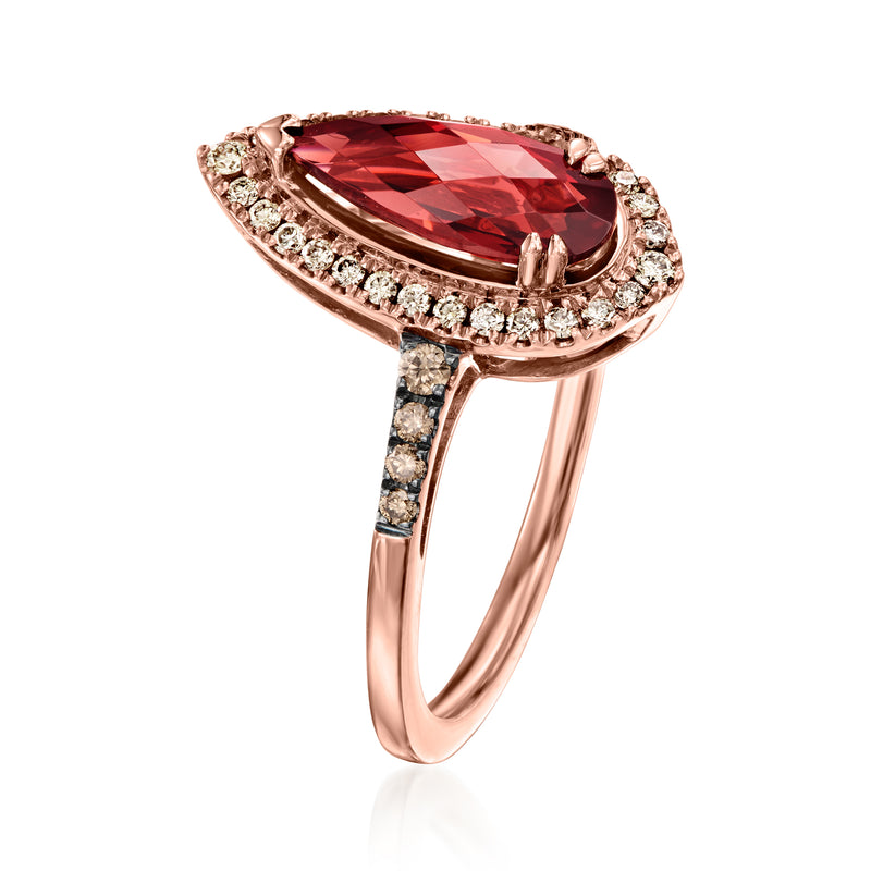 Le Vian strawberry gold ring with pear garnet, diamond halo, and diamond-accented band