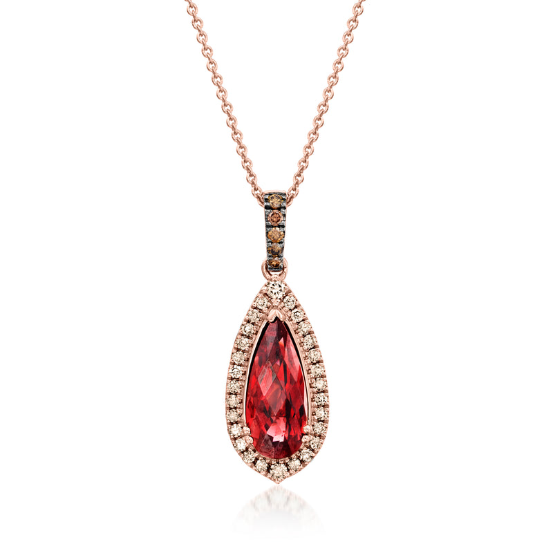 Le Vian pendant necklace with pear red garnet and diamond halo on strawberry gold chain