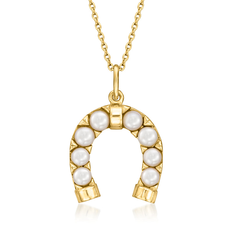 Gold horseshoe pendant necklace with round cultured pearls and linked chain