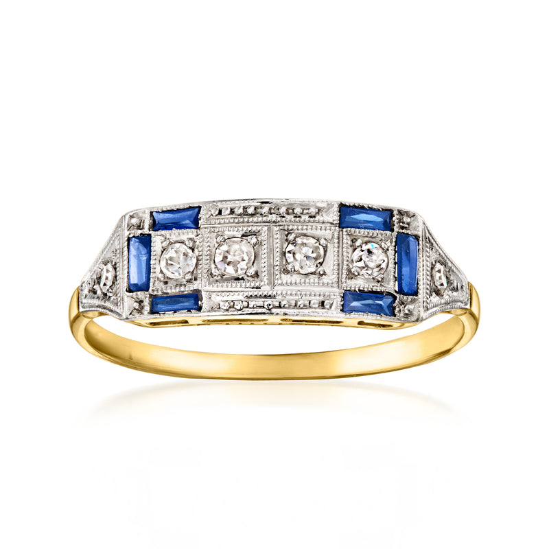 Vintage bar ring with blue sapphire squares, diamond detailing, platinum top, yellow gold band