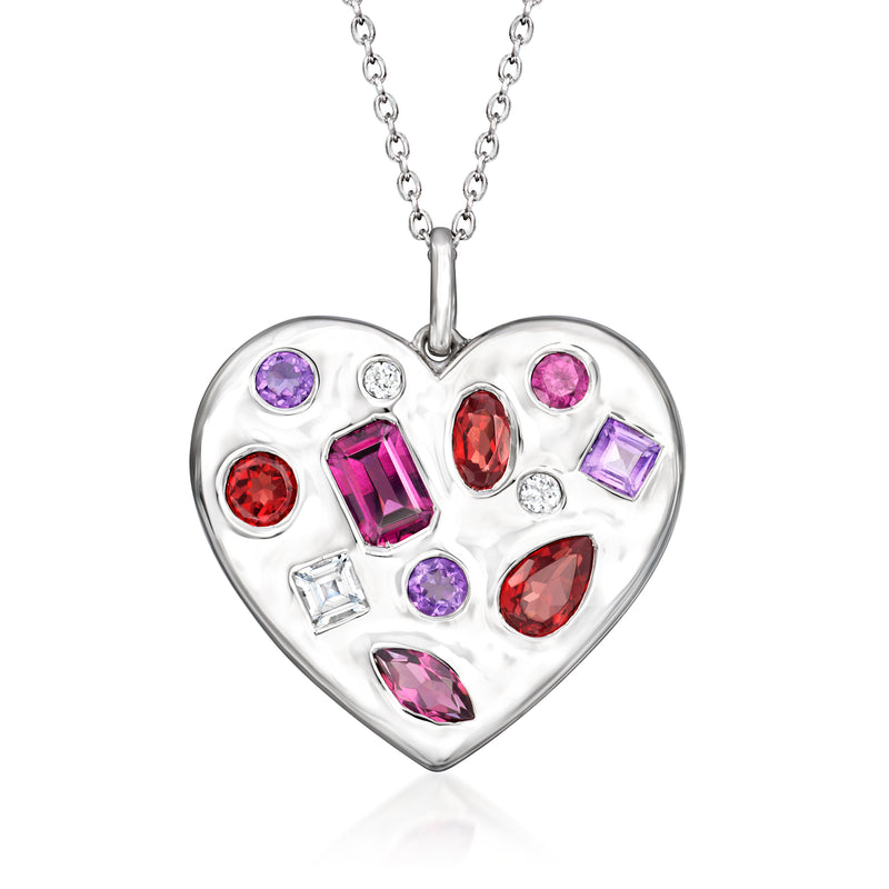 Sterling silver heart pendant necklace with multi-color gemstones and dangling chain