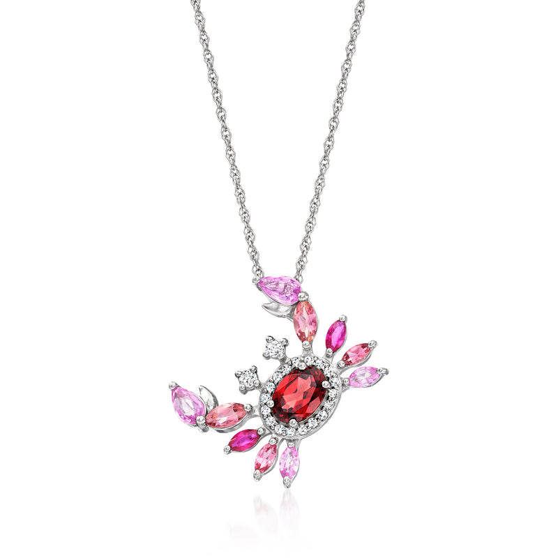 Sterling silver crab pendant necklace with red garnet center and pink gemstone accents