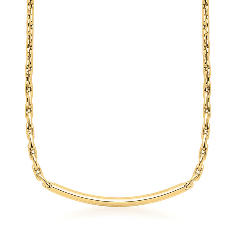 Yellow gold curved bar cable-chain necklace with linked chain and smooth bar pendant