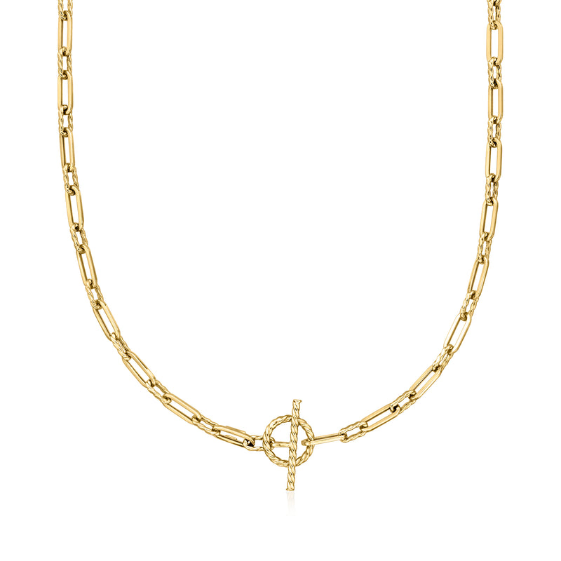 Yellow gold paper clip link toggle necklace with knot toggle clasp