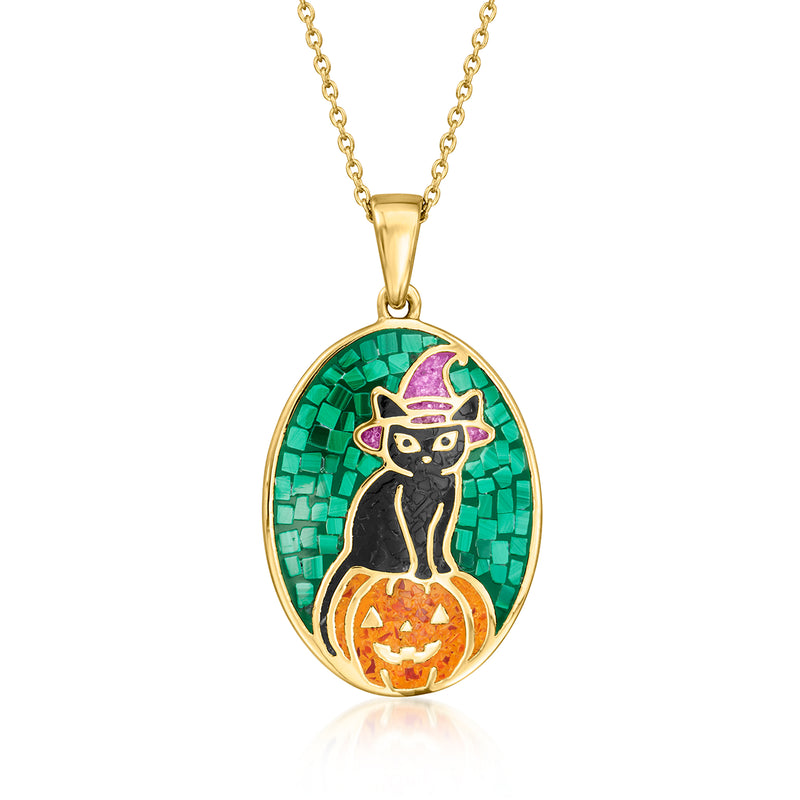 Gold-tone cat pendant necklace with oval mosaic green background, purple hat, pumpkin