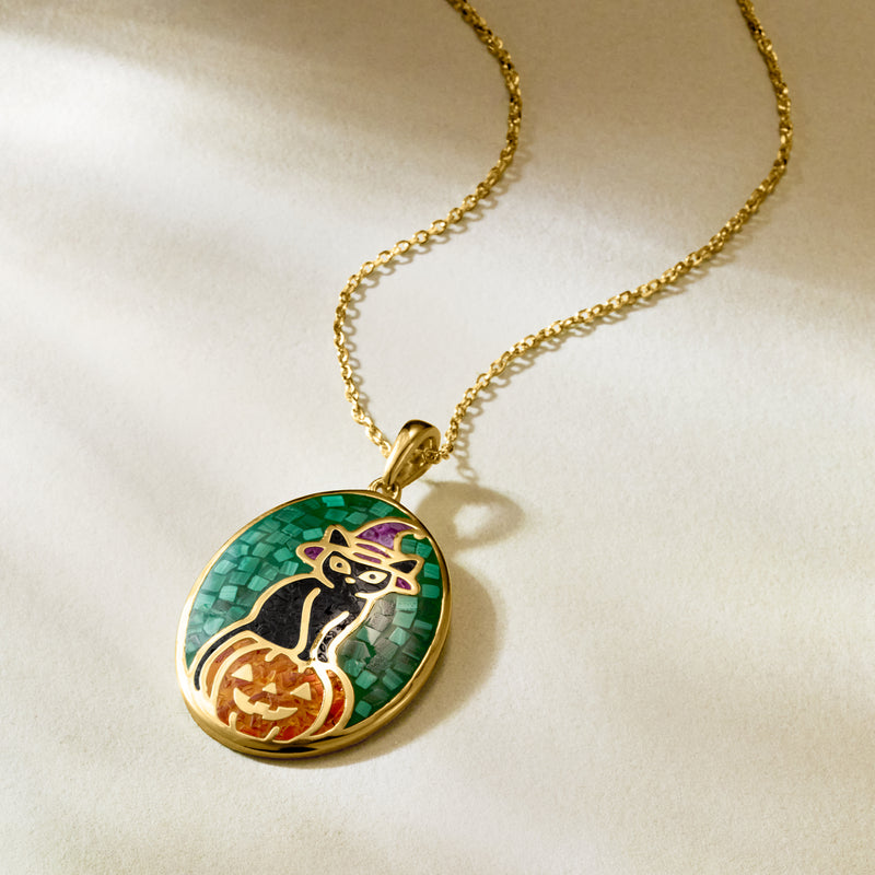 Malachite, Onyx, Carnelian and 1.00 ct. t.w. Amethyst Halloween Cat Mosaic Inlay Pendant Necklace in 18kt Gold Over Sterling. 18"