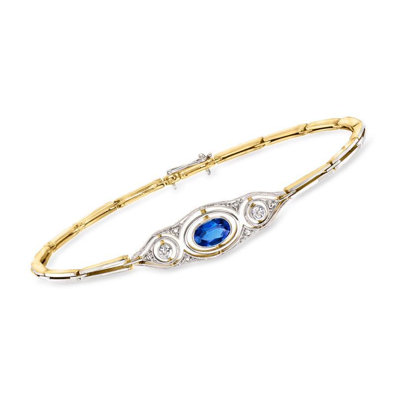 Vintage sapphire and diamond bracelet in yellow gold and platinum, oval blue center stone