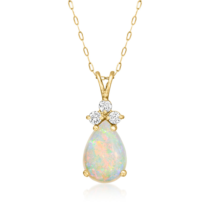 14kt yellow gold opal pendant necklace with teardrop opal and diamond cluster