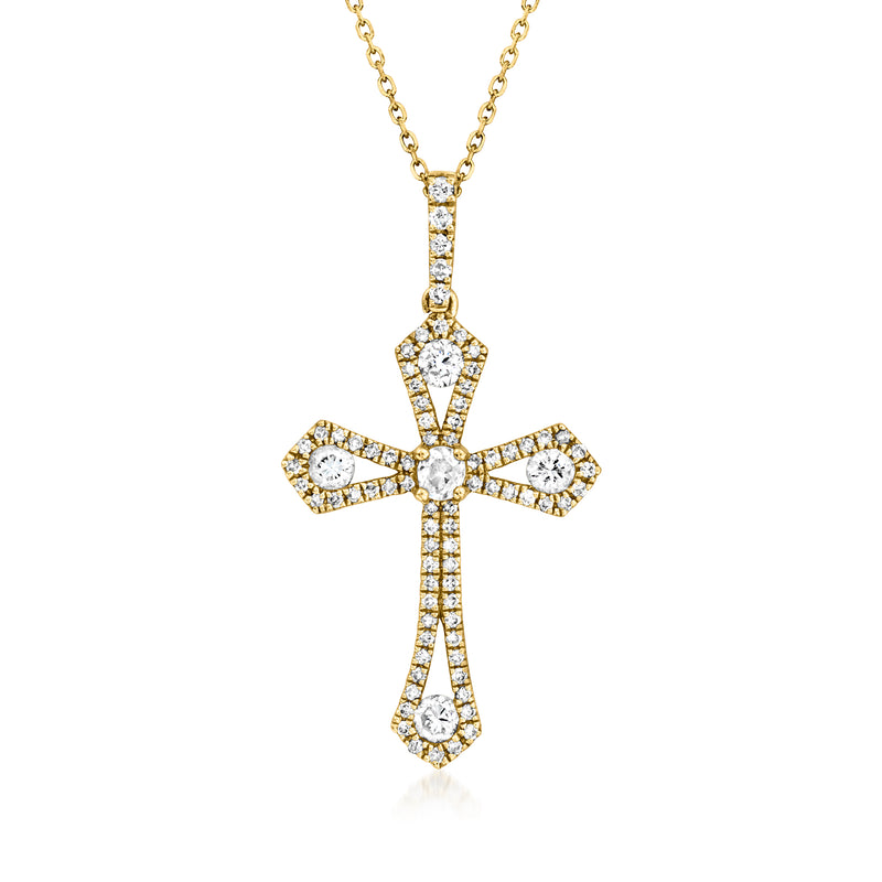 Vintage diamond cross pendant necklace in 18kt yellow gold with round stone accents