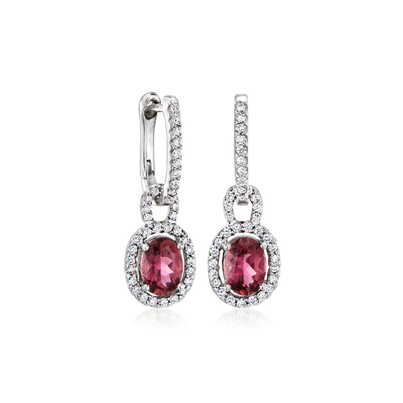 18kt white gold hoop earrings with pink oval drop stones in diamond halo