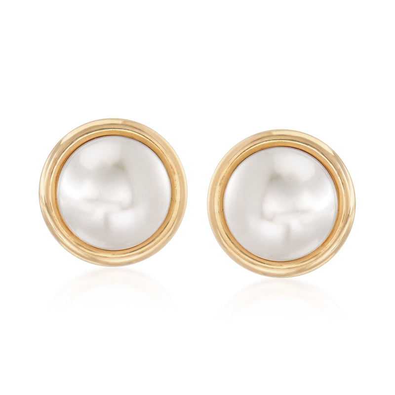 10mm cultured pearl stud earrings in 14kt yellow gold, round bezel post backs