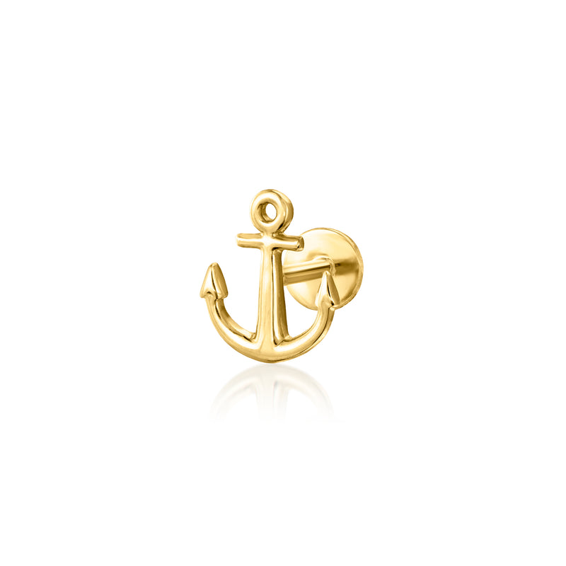 14kt yellow gold anchor stud earring with circular ring top, flat-back post