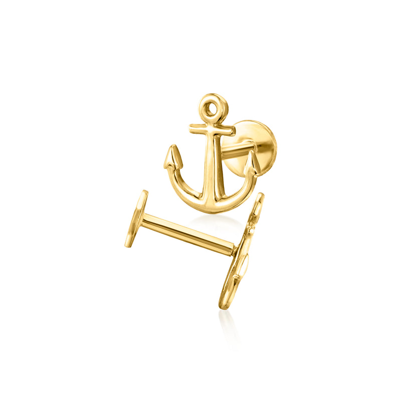 14kt yellow gold anchor stud earring with flat-back post and detailed shank