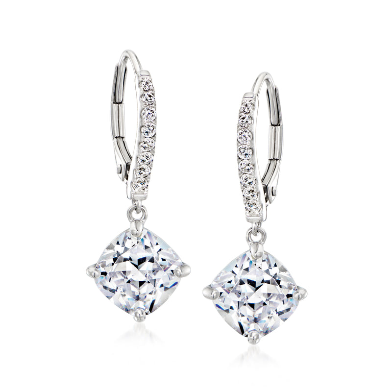 Sterling silver leverback drop earrings with square CZ dangles