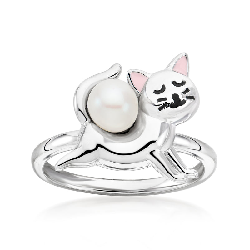 Sterling silver cat ring with white cultured pearl, black enamel face, pink ears