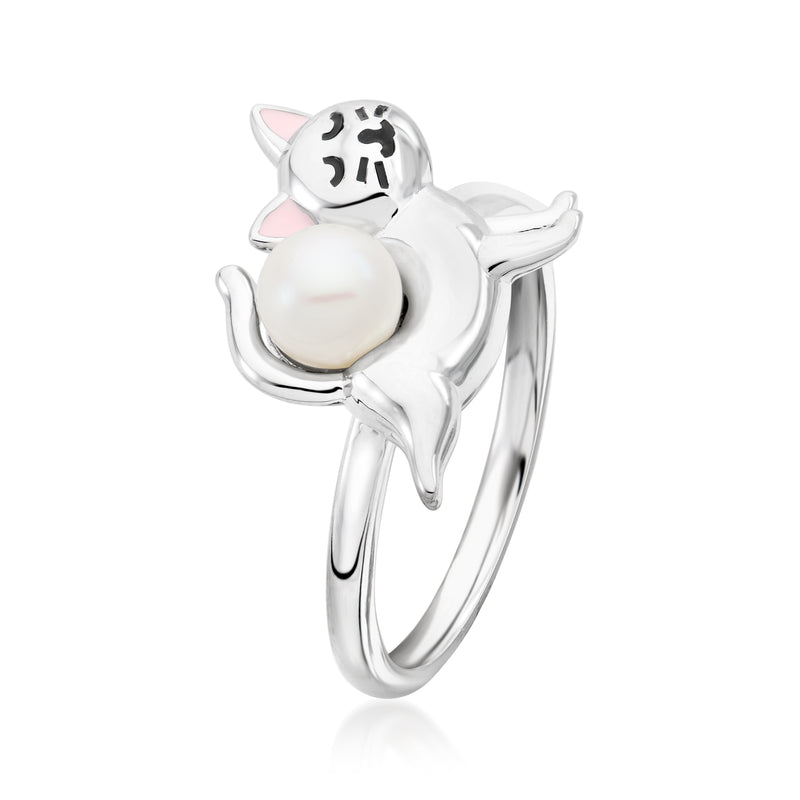 Sterling silver cat ring with white cultured pearl and pink enamel ears, side view
