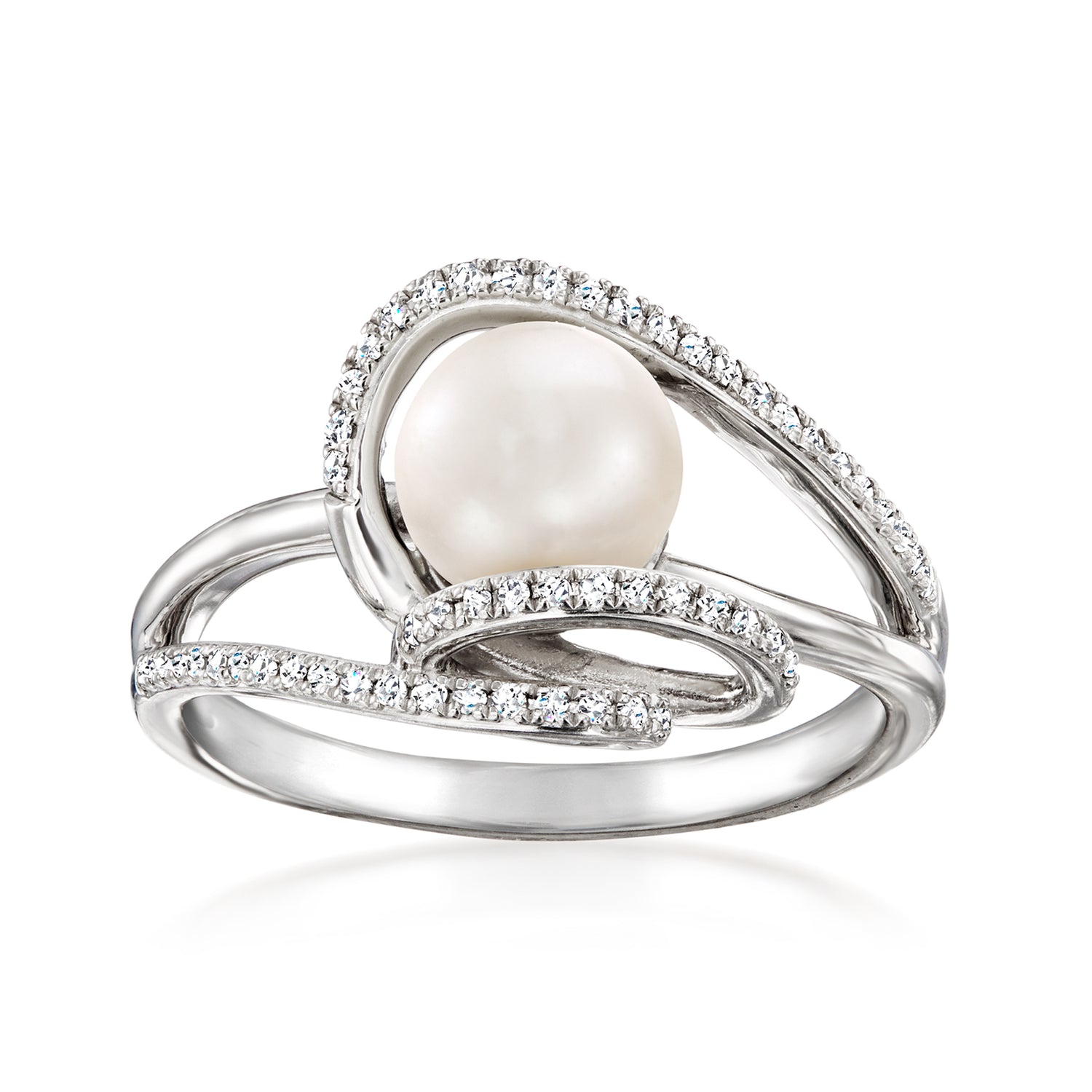7-7.5mm Cultured Pearl and .15 ct. t.w. Diamond Swirl Ring in Sterling Silver