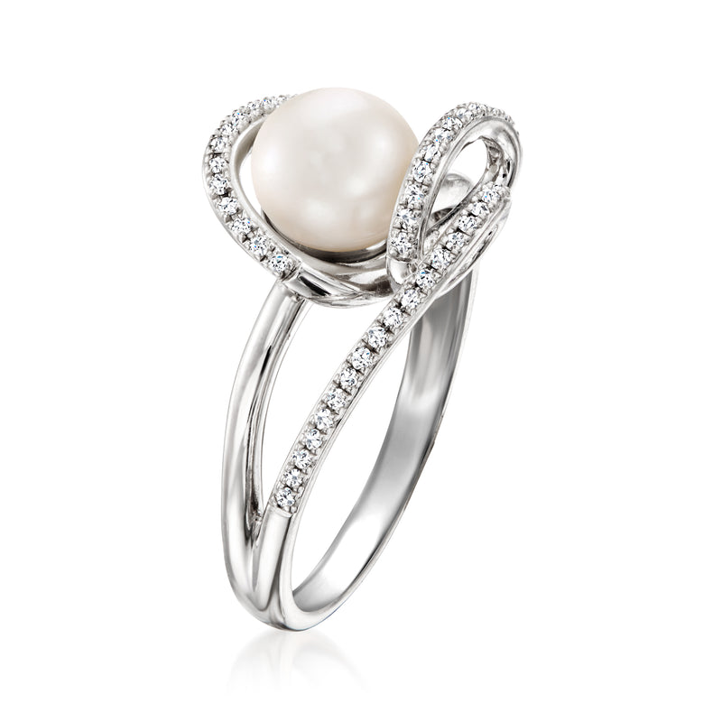 Sterling silver swirl ring with cultured pearl and diamond accents