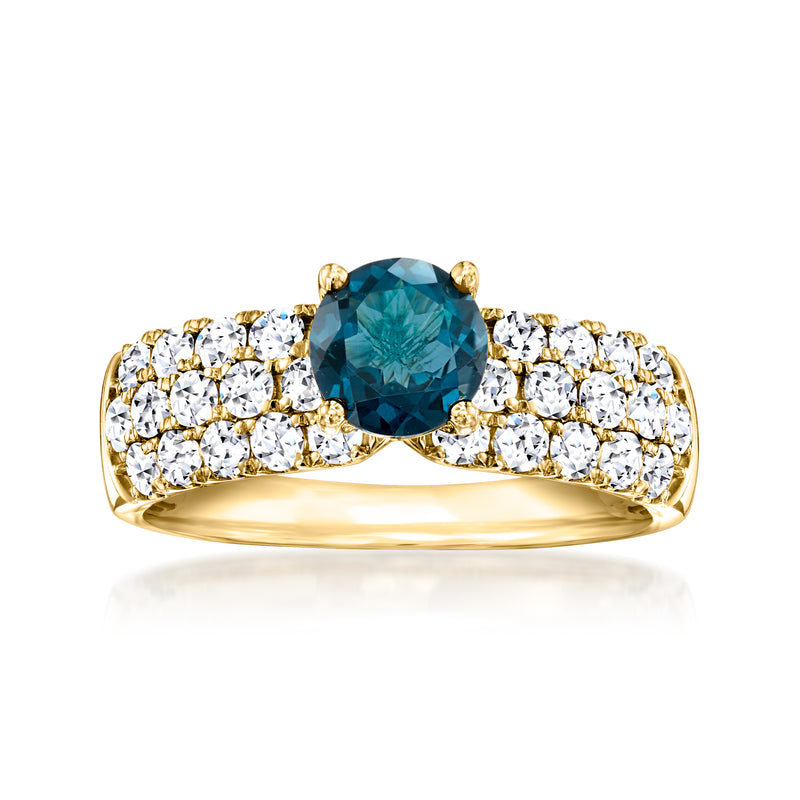 14kt yellow gold ring with London blue topaz center and round lab-grown diamond accents
