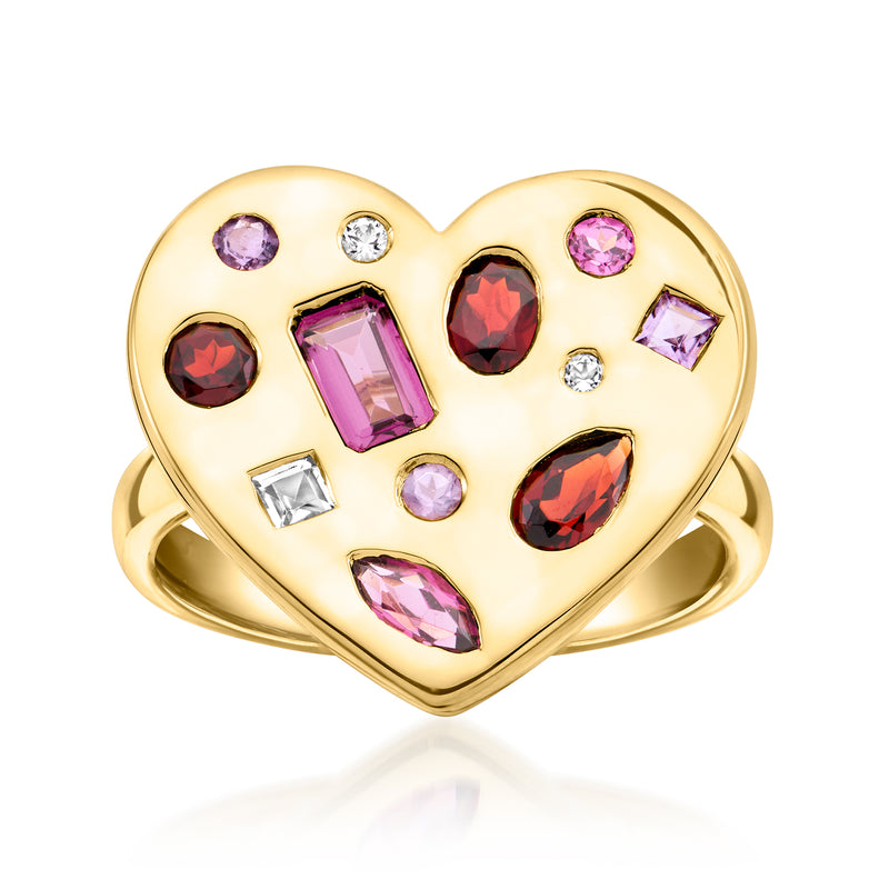 Gold-tone heart ring with pink, purple, and red gemstones and small clear accents