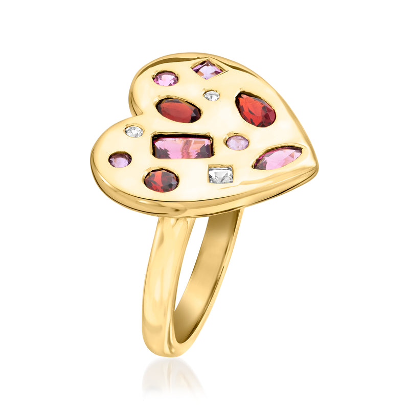 Gold-tone heart gemstone ring with pink and red stones and clear crystal details