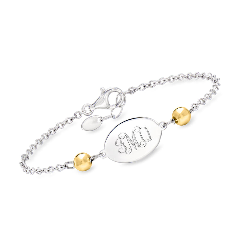 Sterling silver disc bracelet with gold-tone end accents and personalized initials monogram