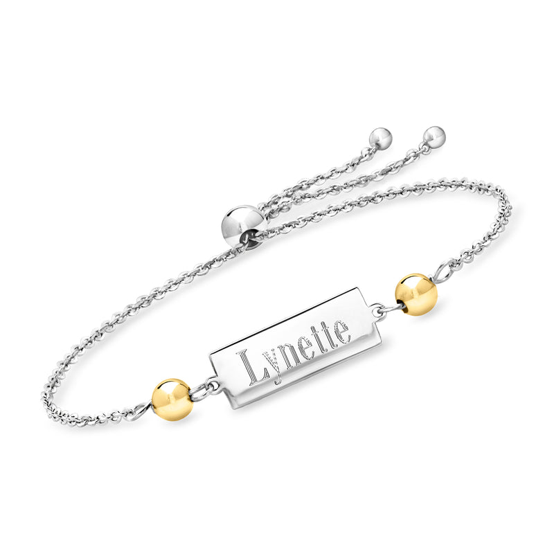 Sterling silver bolo bracelet with gold bead ends and ID tag reading Linlie