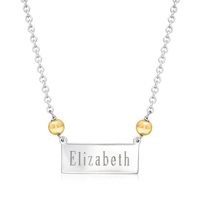 Sterling silver personalized ID bar necklace with engraved name Elizabeth and gold bead details