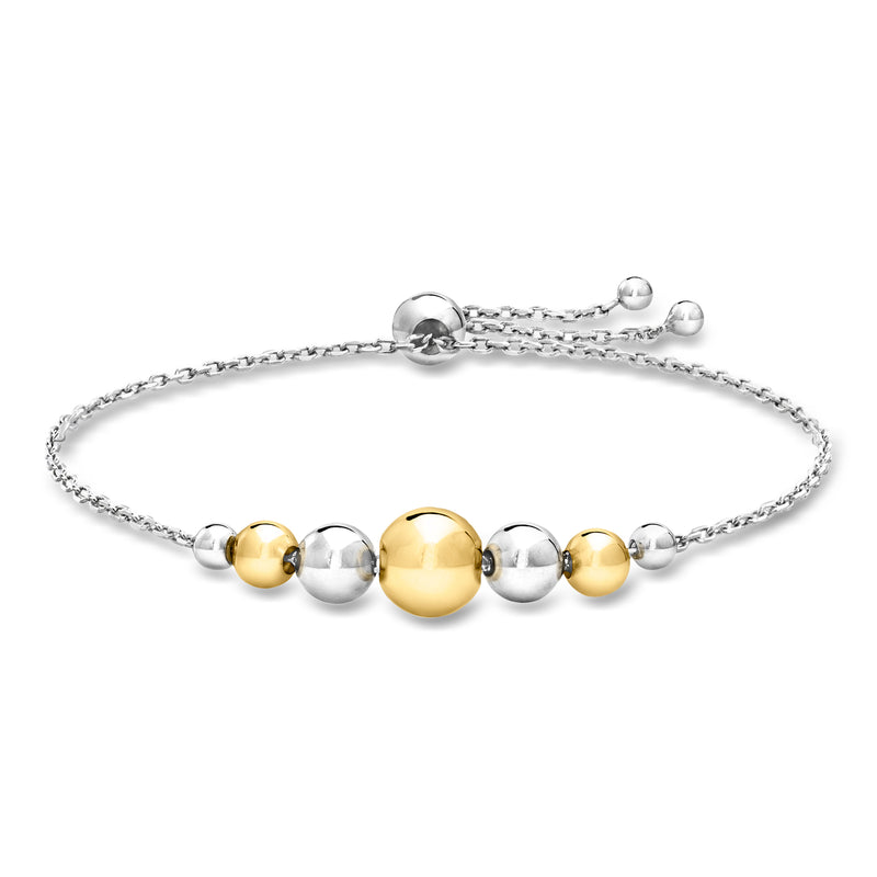 Sterling silver bolo bracelet with gold-and-silver round graduated beads, sliding clasp