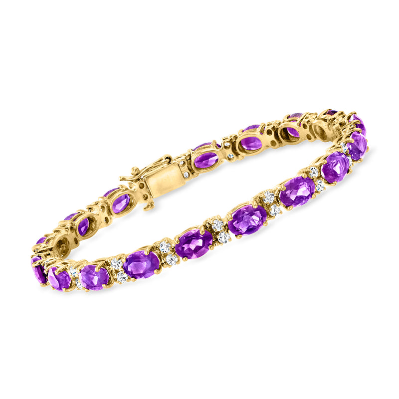 14kt yellow gold amethyst and diamond bracelet with oval purple stones, hinged