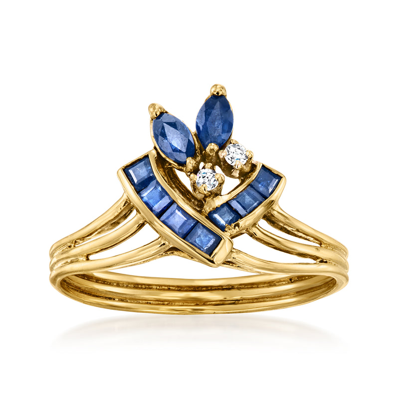 14kt yellow gold ring with blue sapphires and round diamonds, vintage design