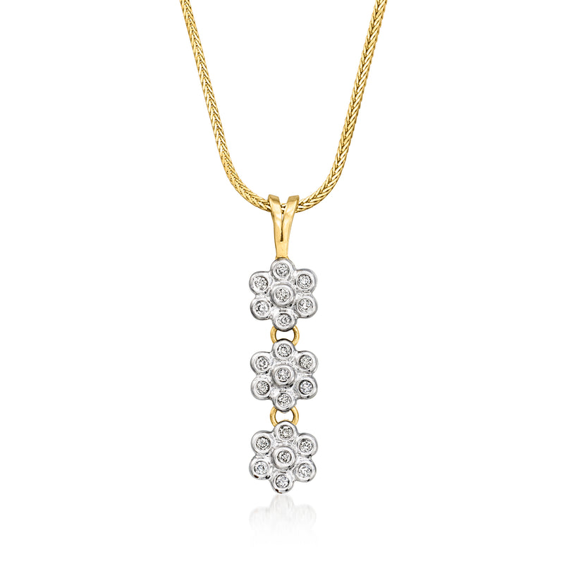 Two-tone gold diamond flower drop pendant necklace, three round cluster blossoms